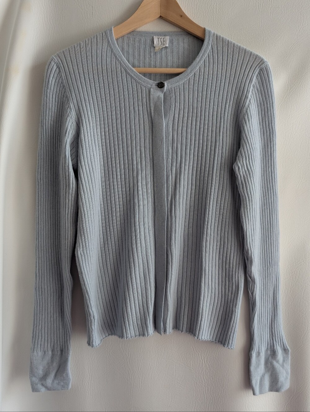 TSE Cashmere Pale Blue Ribbed Crewneck Cardigan - L